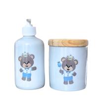 Kit Higiene Bebê 2 peças - Príncipe Ursinho Azul - Porcelana Tampa Pinus