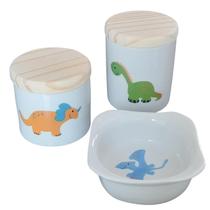 Kit higiene bebê 3 peças Dinossauro - Potes e Molhadeira - Peças porcelana e tampas pinus