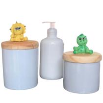 Kit higiene bebê 3 peças Dinossauro - Potes e porta álcool - Peças porcelana e tampas pinus