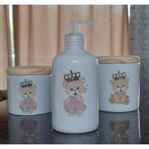 Kit Higiene Bebê 3 peças - Princesa Ursinha Rosa - Peças Porcelana Tampa Pinus