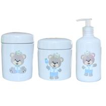 Kit Higiene Bebê 3 peças - Príncipe Ursinho Azul - Peças Porcelana