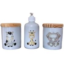 Kit Higiene Bebê 3 peças Safari Porta álcool e potes - Porcelana Tampa Pinus