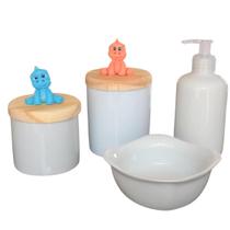 Kit higiene bebê 4 peças Dinossauro - Potes, porta álcool e Molhadeira - Peças porcelana e tampas pinus