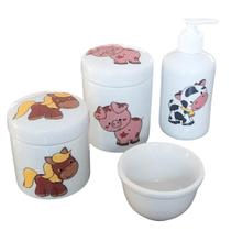 Kit higiene bebê 4 peças Fazendinha - potes, porta álcool e molhadeira - Peças Porcelana Kit higiene bebê 4 peças Fazendinha - potes, porta álcool e molhadeira - Peças Porcelana