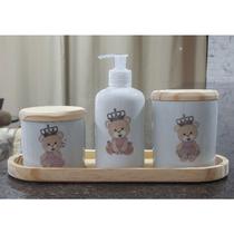 Kit higiene bebê 4 peças Princesa ursinha - Bandeja, potes e porta álcool - Peças porcelana bandeja e tampas pinus