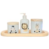 Kit Higiene Bebê 4 Peças Safari - Bandeja Oval, Potes e Porta Álcool em Porcelana com Tampas de Pinus
