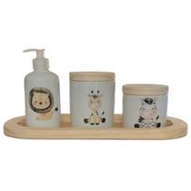 Kit higiene bebê 4 peças Safari - Bandeja, potes e porta álcool - Peças porcelana bandeja e tampas pinus