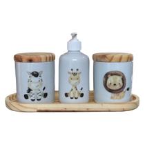 Kit higiene bebê 4 peças safari - Bandeja, potes e porta álcool - Peças porcelana bandeja e tampas pinus