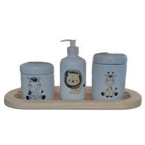 Kit higiene bebê 4 peças Safari - Bandeja, potes e porta álcool - Peças porcelana bandeja pinus