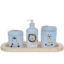 Kit higiene bebê 4 peças Safari - Bandeja, potes e porta álcool - Peças porcelana bandeja pinus