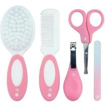 Kit Higiene Bebê 5 peças rosa Cortador de unha, Tesoura, Lixa, pente e escova pimpolho