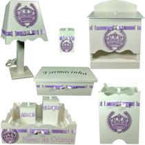 Kit Higiene bebê 8 peças Passa Fita - BRANCO COM COROA LILAS