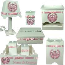 Kit Higiene bebê 8 peças Passa Fita - BRANCO COM ROSA BB COROA