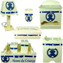 Kit Higiene bebê 8 peças Passa Fita - CREME COM URSINHO AZUL MARINHO