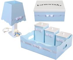 Kit Higiene Bebê Azul e Branco com 6 peças para Quarto Menino - Bia Baby Decor