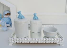 Kit Higiene Bebê Azul Porcelana Bandeja Pérola Potes Banho K036 - Ciranda Arte Criativa