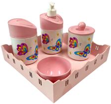 Kit Higiene Bebê Borboleta Menina com Bandeja Quadrada Rosa