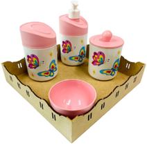 Kit Higiene Bebê Borboletas Menina com Bandeja Quadrada MDF - Dóia Kids