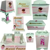 Kit Higiene bebê de menina Mdf 10 peças Bailarina rosa listrado