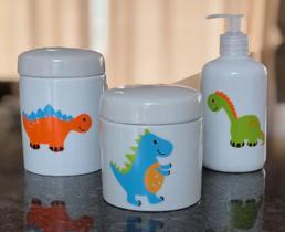 Kit higiene bebê Dinossauro 3 peças - potes e porta álcool - Peças Porcelana