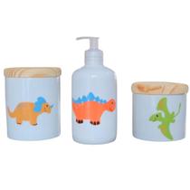 Kit higiene bebê Dinossauro 3 peças - potes e porta álcool - Peças Porcelana Tampa Pinus