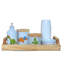 Kit higiene bebê Dinossauro 6 peças - Bandeja, potes, porta álcool e molhadeira - Peças Porcelana Bandeja Pinus