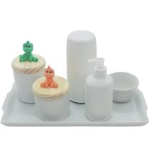 Kit higiene bebê Dinossauro 6 peças - Bandeja, potes, porta álcool e molhadeira - Peças Porcelana Tampas Pinus