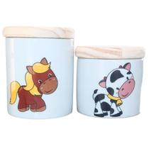 Kit higiene bebê Fazendinha 2 potes - Peças Porcelana Tampas Pinus Kit higiene bebê Fazendinha 2 potes - Peças Porcelana Tampas Pinus