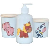 Kit higiene bebê Fazendinha 3 peças - potes e porta álcool - Peças Porcelana Tampa Pinus