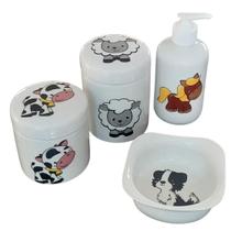 Kit higiene bebê Fazendinha 4 peças - potes, porta álcool e molhadeira -Peças Porcelana