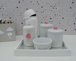 Kit Higiene Bebê K010 Apliques Rosa Bandeja Espelho Banho Quarto