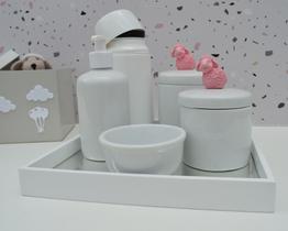 Kit Higiene Bebê K010 Apliques Rosa Bandeja Espelho Banho Quarto