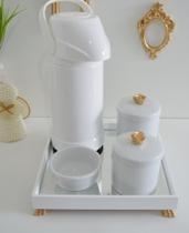 Kit Higiene Bebê K012 Moderno Térmica Banho Porcelana Bandeja Espelho Cavalo Ursa Laço Dourado