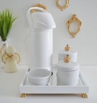 Kit Higiene Bebê K012 Moderno Térmica Banho Porcelana Bandeja Espelho Cavalo Ursa Laço Dourado
