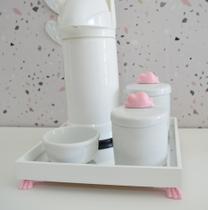 Kit Higiene Bebê K012 Moderno Térmica Banho Porcelana Bandeja Espelho Ursa Coroa Laço Rosa