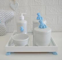 Kit Higiene Bebê K014 Moderno Azul Gel Potes Algodão Temas Coroa Cavalo Urso Porcelana Bandeja