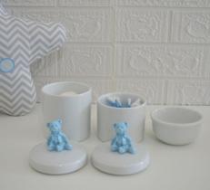Kit Higiene Bebê K015 Porcelanas Aplique Urso Coroa Cavalo Ovelha Azul Decoração Quarto