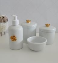 Kit Higiene Bebê K016 Porcelana Dourado Banho Cuidado Quarto Menina Menino