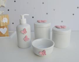Kit Higiene Bebê K016 Porcelanas Aplique Ursa Coroa Laço Nuvem Flor Rosa Decoração