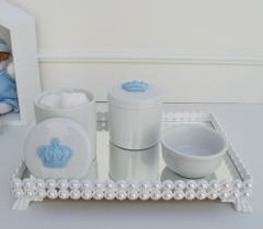 Kit Higiene Bebê K036 Azul Porcelana Bandeja Pérola Branca Banho Cuidado Quarto