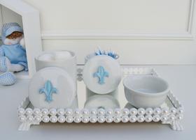 Kit Higiene Bebê K036 Azul Porcelana Bandeja Pérola Branca Banho Cuidado Quarto