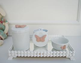 Kit Higiene Bebê K036 Borboleta Porcelana Bandeja Pérola Branca Banho Cuidado Quarto Menina