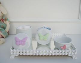 Kit Higiene Bebê K036 Borboleta Porcelana Bandeja Pérola Branca Banho Cuidado Quarto Menina