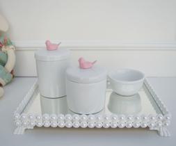 Kit Higiene Bebê K036 Porcelana Bandeja Pérola Branca Banho Cuidado Quarto Menina Rosa
