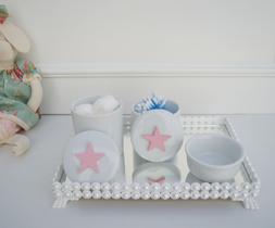 Kit Higiene Bebê K036 Porcelana Bandeja Pérola Branca Banho Cuidado Quarto Menina Rosa - CIRANDA ARTE - CRIATIVA