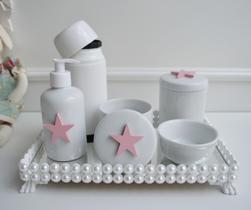 Kit Higiene Bebê K048 Porcelana Térmica Bandeja Pérola Branco Banho Quarto Bancada