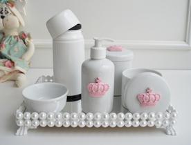 Kit Higiene Bebê K048 Porcelana Térmica Bandeja Pérola Branco Banho Quarto Bancada