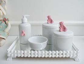 Kit Higiene Bebê K056 Porcelana Bandeja Pérola Branca Aplique Rosa Gel