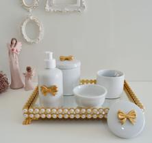 Kit Higiene Bebê K056 Porcelana Bandeja Pérola Dourado Banho Cuidado Quarto - Ciranda arte - criativa