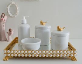 Kit Higiene Bebê K056 Porcelana Bandeja Pérola Dourado Banho Cuidado Quarto